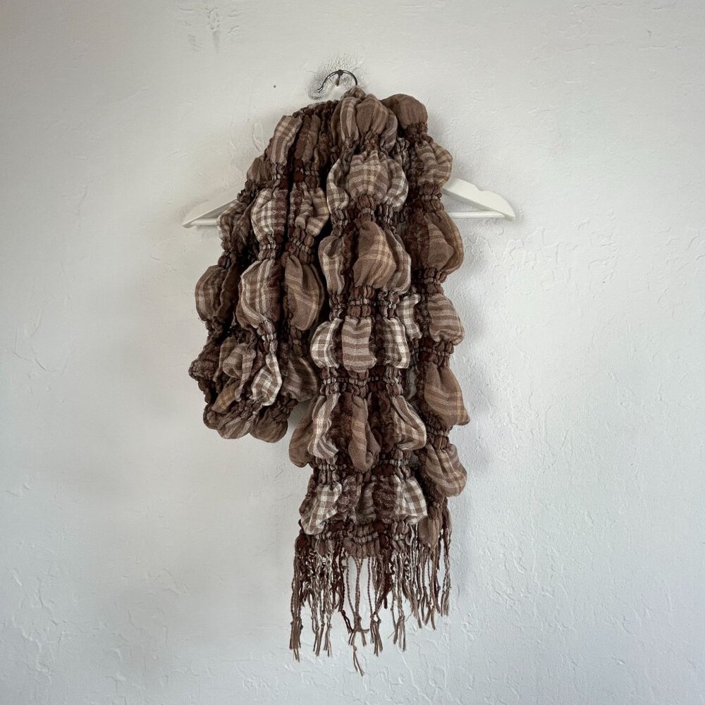 Women’s Brown Ruched Scarf Wrap Fringe Textured Plaid Lightweight 80x11 Boho